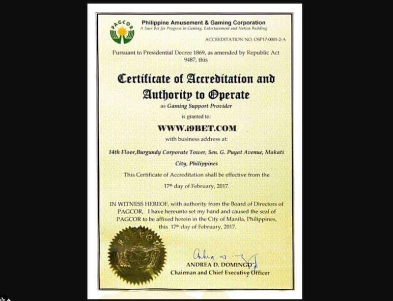 Giấy chứng nhận PAGCOR