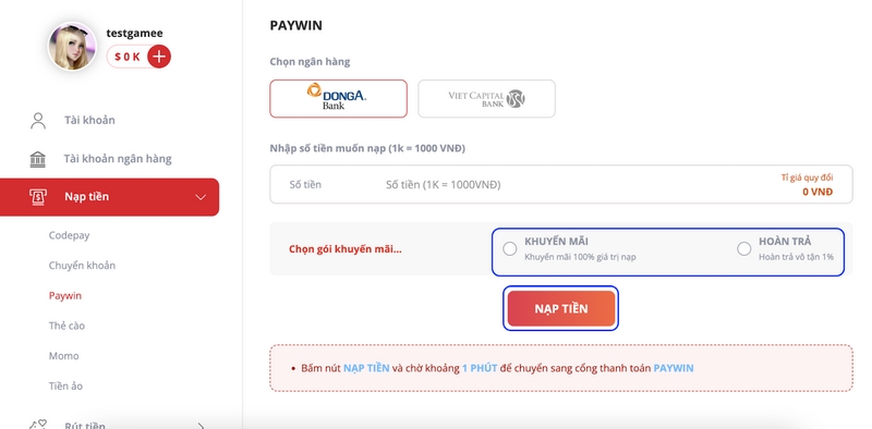 Nạp tiền bằng PAYWIN
