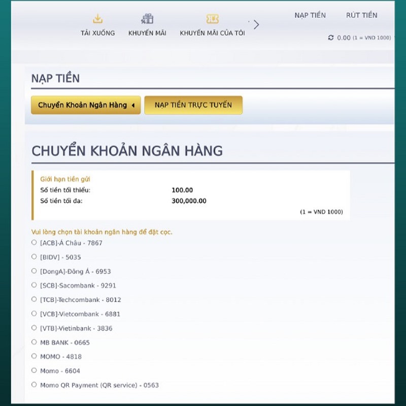 Các bước nạp tiền Vuabai9 bằng cách chuyển khoản