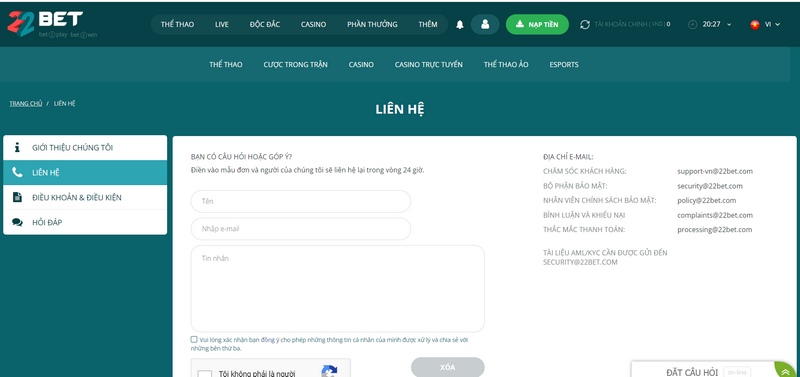 Thông tin liên hệ 22Bet cung cấp khá đa dạng