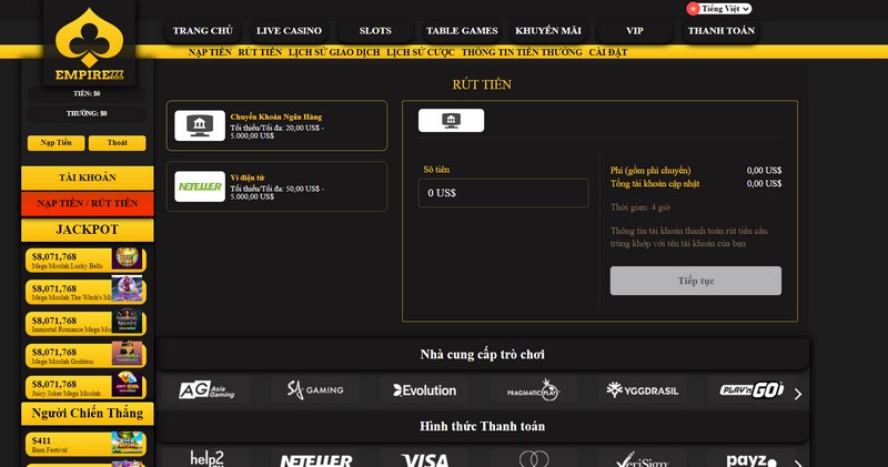 Giao dịch rút tiền tại Empire777 cực nhanh