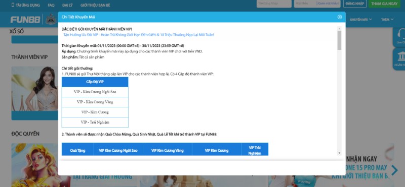 Khuyến mãi Fun88 gửi tới các thành viên VIP 